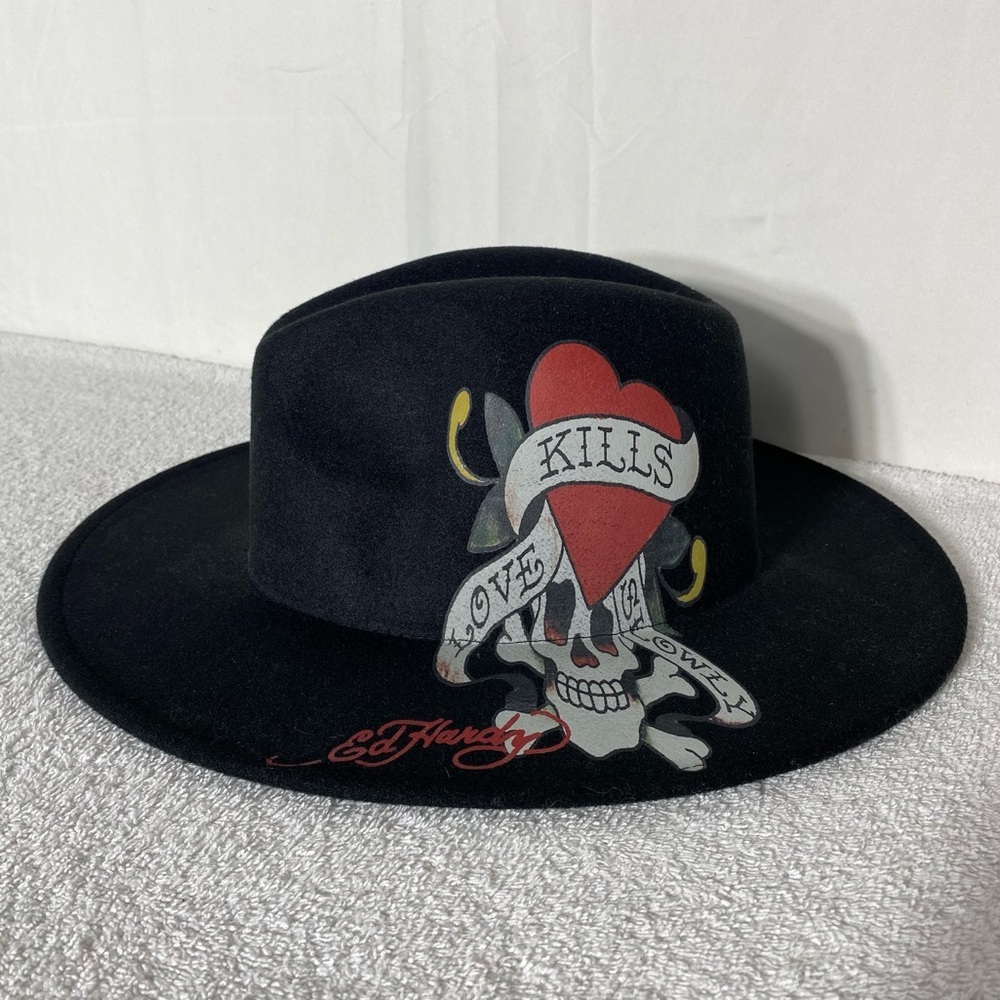 Vintage Y2K Ed Hardy Love Kills Slowly Black Skull and Heart Design Cowboy Hat